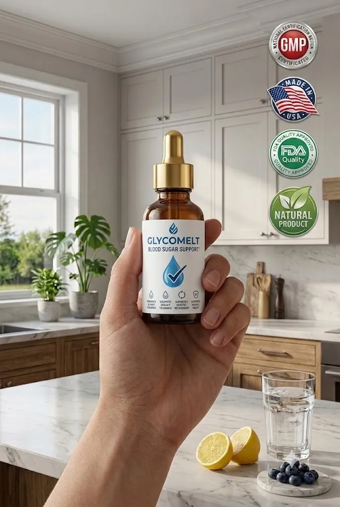 A hand holding a GlycoMelt Blood Sugar Support dropper bottle with a golden cap in a kitchen setting, featuring quality certification seals on the right.