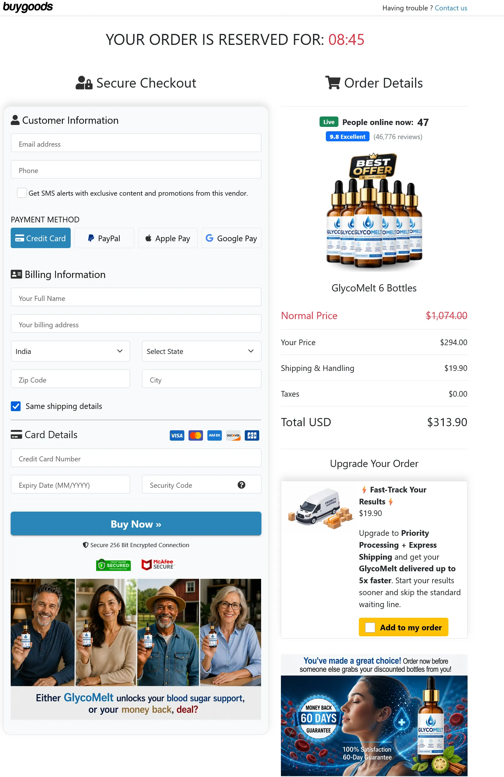 BuyGoods secure checkout page for GlycoMelt six bottles package order.