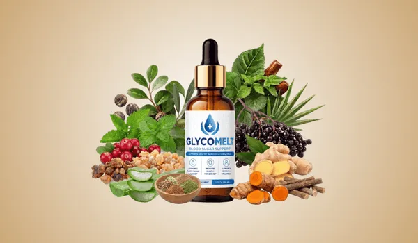 Hand holding GlycoMelt blood sugar support dropper bottle in a kitchen setting.