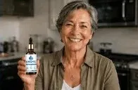 Smiling woman holding GlycoMelt blood sugar support bottle in kitchen setting